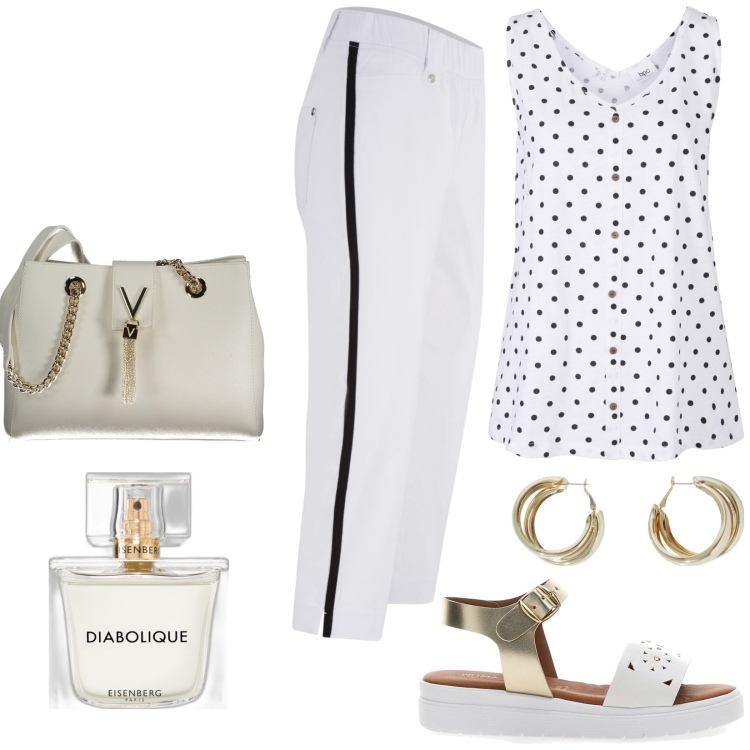 Outfit donna - Total look #1900488. Stile Casual per Tutti i giorni. Abbinamento con pantaloni, top, profumi, orecchini, sandali in pelle, borse a spalla.