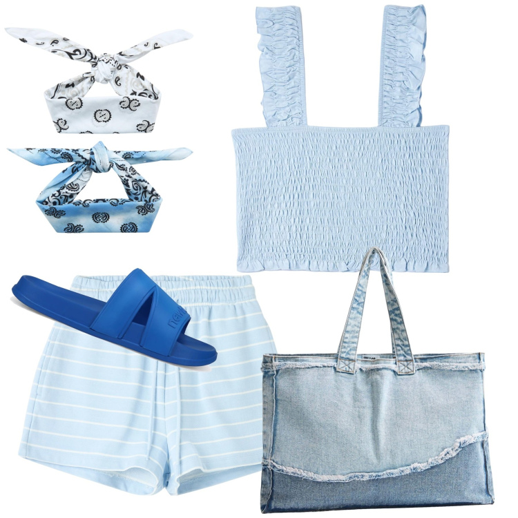 Outfit donna - Piena estate. Stile Casual per Mare. Abbinamento con pantaloncini sportivi, top, fasce per capelli, shopping bag, sandali.