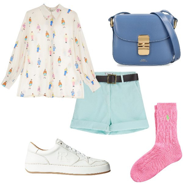 Outfit donna - Total look #1900507. Stile Casual per Tutti i giorni. Abbinamento con shorts, camicie, sneakers, calzini, borse a spalla.