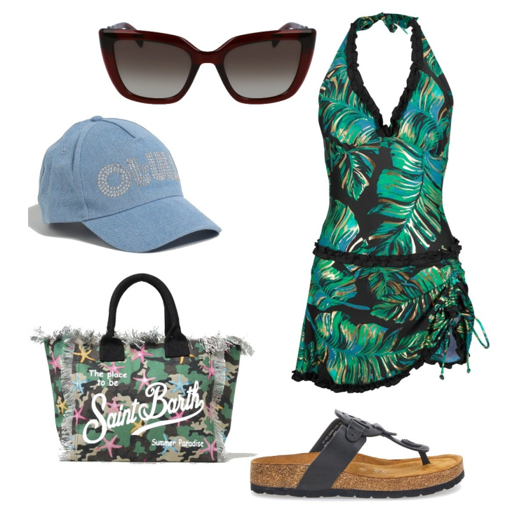 Outfit donna - Abito e costume insieme. Stile Casual chic per Mare. Abbinamento con vestiti da spiaggia, borse tote, infradito, occhiali da sole, cappelli.