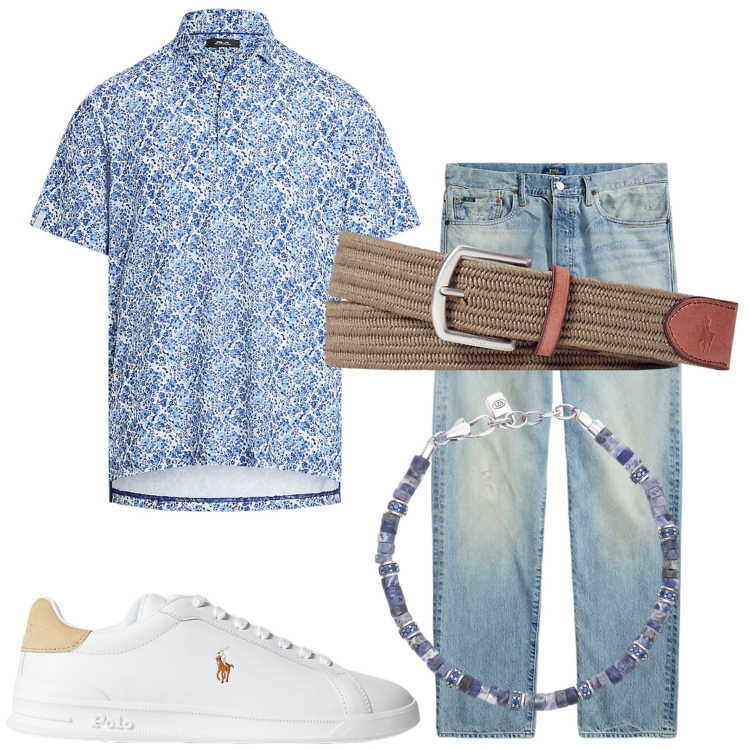 Outfit uomo - In città. Stile Casual per Tutti i giorni. Abbinamento con braccialetti, cinture, sneakers, jeans dritti, polo.