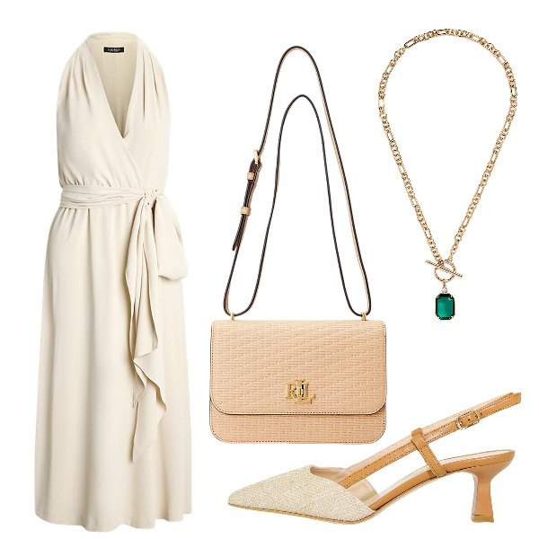Outfit donna - Total look #1900529. Stile Bon Ton per Cerimonia. Abbinamento con sandali col tacco, vestiti senza maniche, collane, borse a spalla.