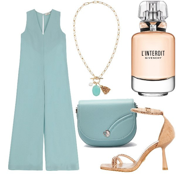 Outfit donna - Total look #1900530. Stile Chic per Serata fuori. Abbinamento con profumi, sandali gioiello, tute, collane, borse a tracolla.