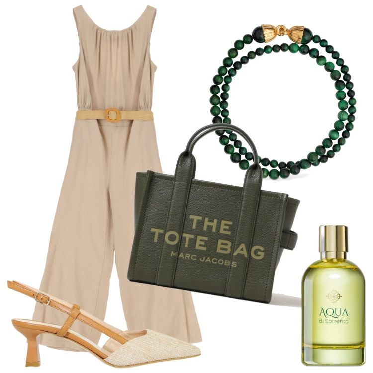 Outfit donna - Briefing di lavoro in tuta. Stile Glamour per Ufficio. Abbinamento con profumi, tute, sandali col tacco, borse tote, collane.