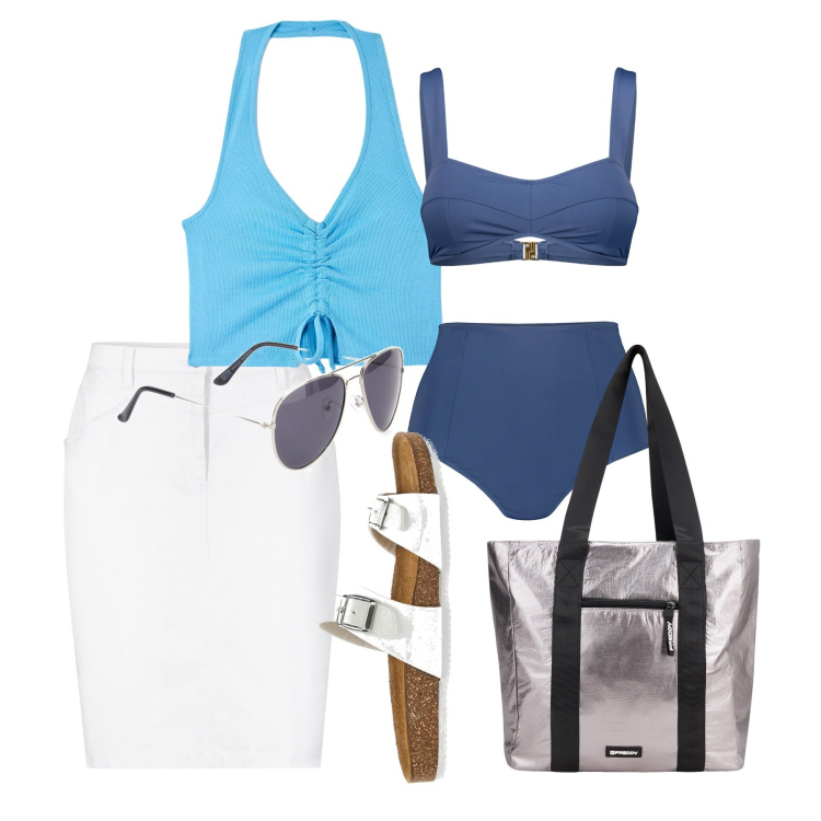 Outfit donna - Mare dentro. Stile Bon Ton per Mare. Abbinamento con gonne, top, shopping bag, bikini, ciabatte, occhiali da sole.