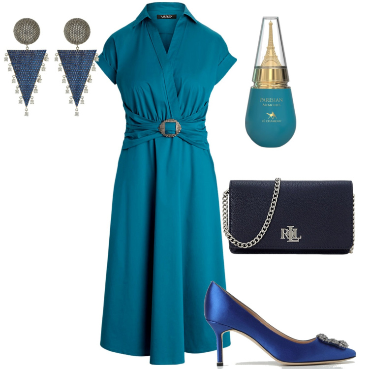 Outfit donna - Cena elegante. Stile Chic per Serata fuori. Abbinamento con profumi, vestiti, borse a mano, décolleté, orecchini.