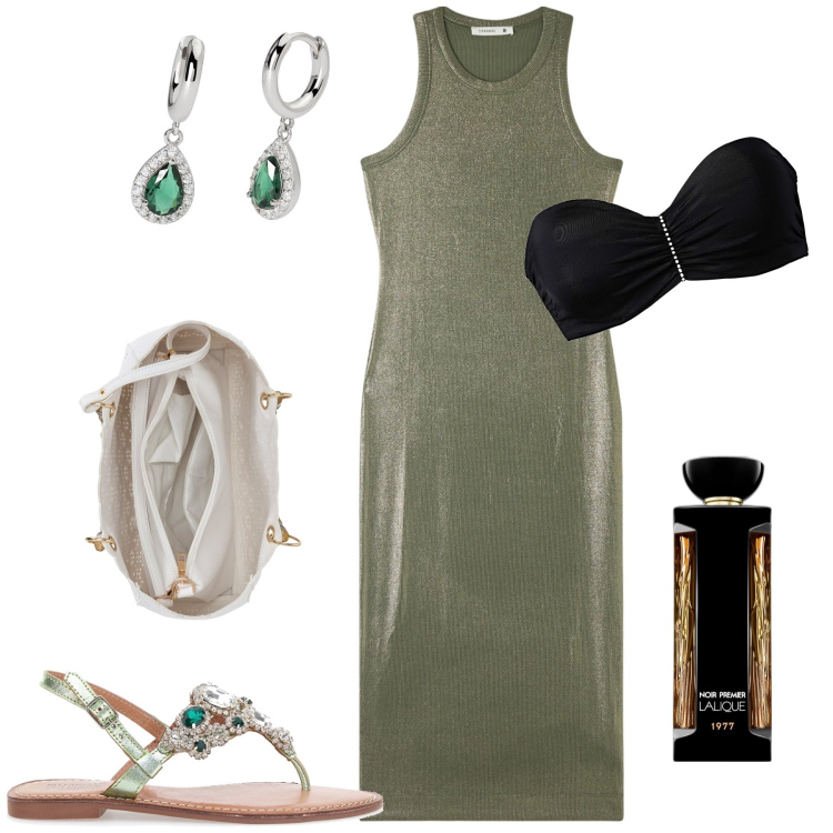 Outfit donna - Sandaletto gioiello e profumo wow. Stile Glamour per Serata fuori. Abbinamento con reggiseni, borse a mano, profumi, vestiti midi/longuette, orecchini, sandali gioiello.