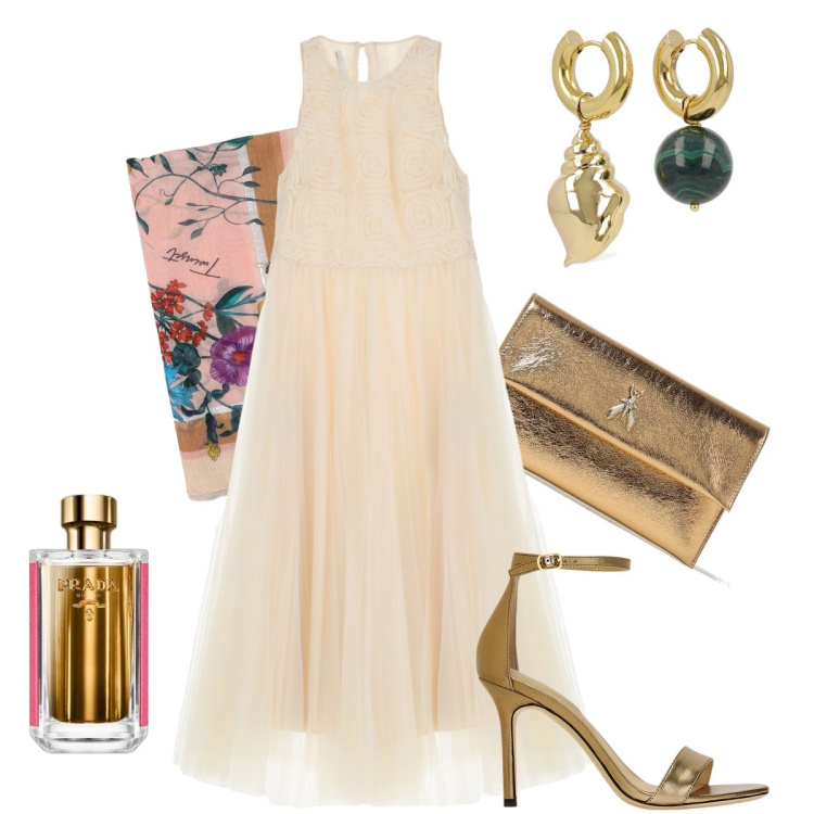 Outfit donna - L’abito in chiffon. Stile Chic per Cerimonia. Abbinamento con profumi, vestiti midi/longuette, sandali in pelle, clutch, foulard, orecchini.