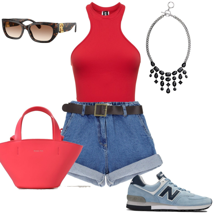 Outfit donna - Beautiful trendy and sexy. Stile Trendy per Tutti i giorni. Abbinamento con shorts, sneakers, collane, occhiali da sole, canottiere, borse a spalla.