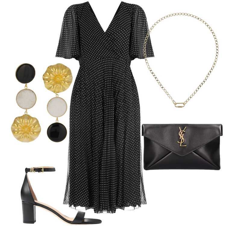 Outfit donna - Sofisticata con i pois. Stile Bon Ton per Serata fuori. Abbinamento con vestiti midi/longuette, sandali in pelle, pochette, orecchini, collane.