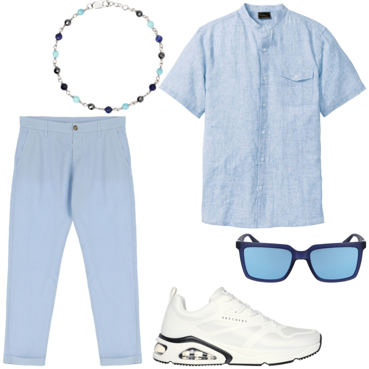 Outfit uomo - Cielo celeste. Stile Casual per Tutti i giorni. Abbinamento con camicie a manica corta, braccialetti, pantaloni, sneakers, occhiali da sole.