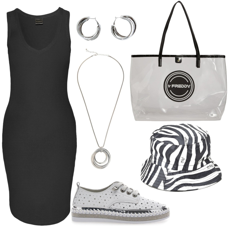 Outfit donna - Cappello zebrato. Stile Casual per Tutti i giorni. Abbinamento con vestiti, collane, shopping bag, orecchini, scarpe stringate, cappelli.