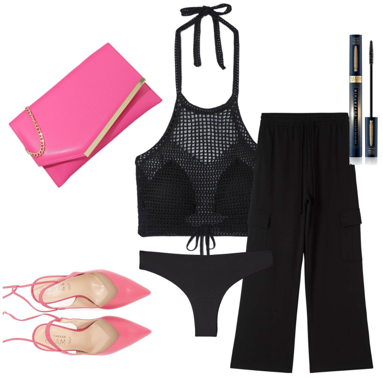 Outfit donna - Basta un top a svoltare il look. Stile Sexy per Serata fuori. Abbinamento con mascara, pantaloni cargo, top, culotte, pochette, décolleté.