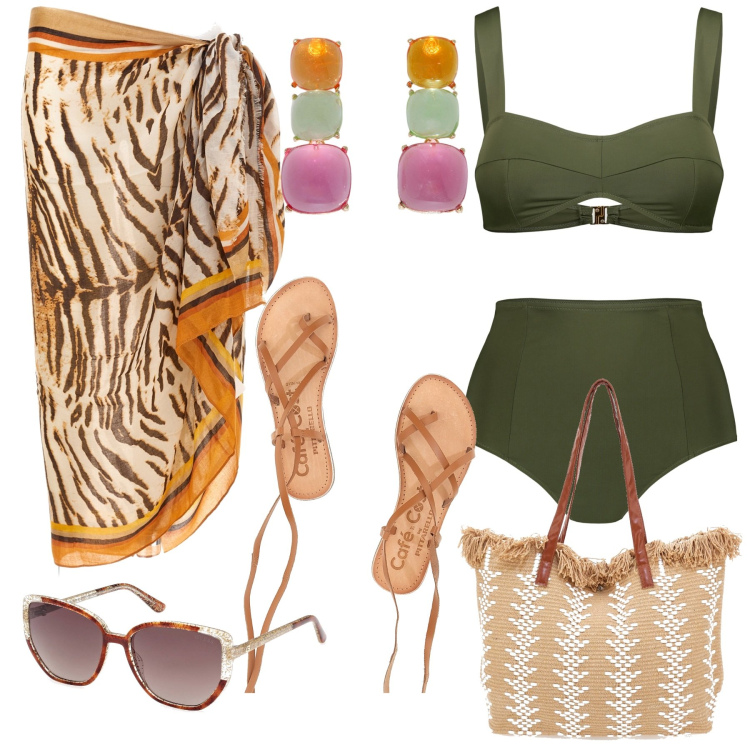 Outfit donna - Una giornata al mare. Stile Glamour per Mare. Abbinamento con orecchini, bikini, sandali alla schiava, occhiali da sole, borse a spalla, vestiti da spiaggia.