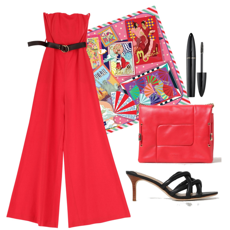 Outfit donna - Ghost outfitter - giugno. Stile Glamour per Serata fuori. Abbinamento con mascara, tute, foulard, borse a mano, sandali in pelle.