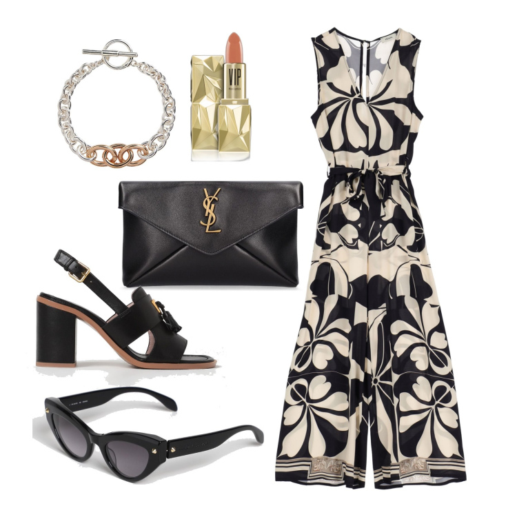 Outfit donna - Ghost outfitter - giugno. Stile Trendy per Cerimonia. Abbinamento con rossetti, braccialetti, tute, pochette, occhiali da sole, sandali col tacco.