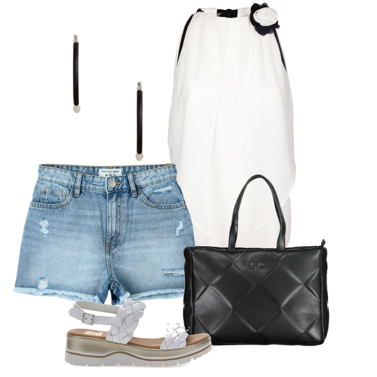 Outfit donna - Ghost outfitter - giugno. Stile Casual chic per Tutti i giorni. Abbinamento con shorts, top, orecchini, borse a spalla, sandali in pelle.