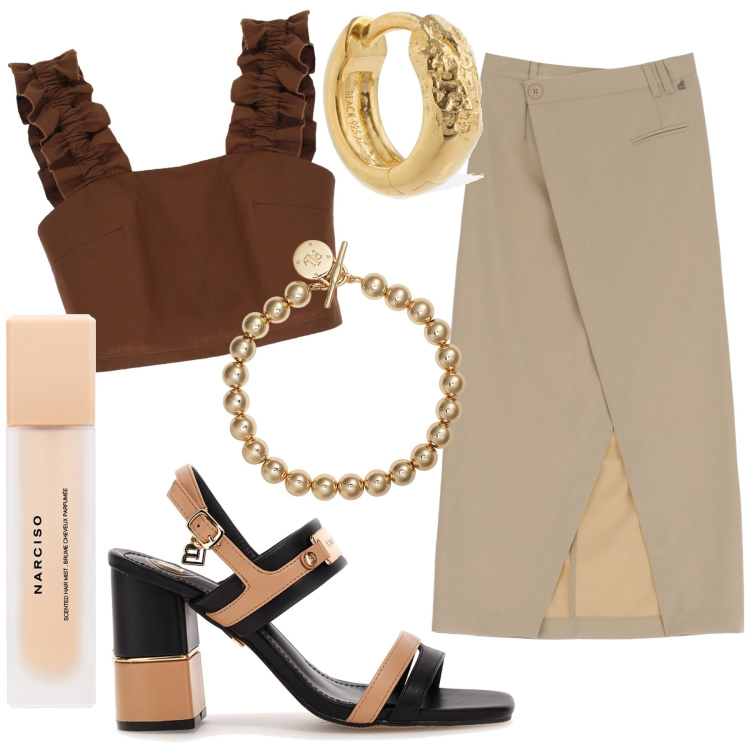 Outfit donna - Sand. Stile Bon Ton per Ufficio. Abbinamento con profumi, top, gonne lunghe, braccialetti, sandali col tacco, orecchini.
