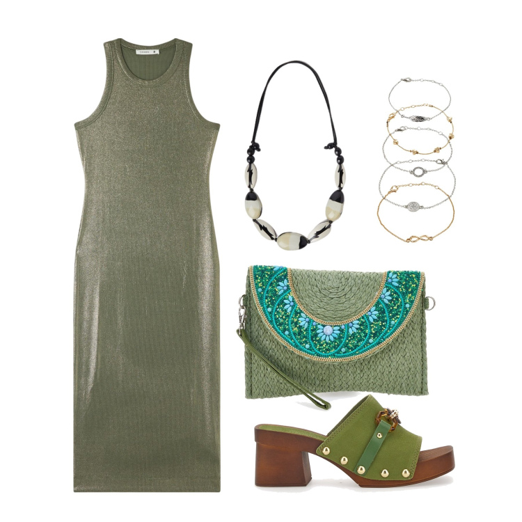Outfit donna - Ghost outfitter - giugno. Stile Casual per Tutti i giorni. Abbinamento con braccialetti con ciondoli, vestiti midi/longuette, zoccoli, borse a tracolla, collane.