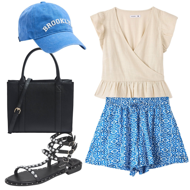 Outfit donna - Terranova look. Stile Basic per Tutti i giorni. Abbinamento con cappelli, shorts, bluse, shopping bag, sandali.