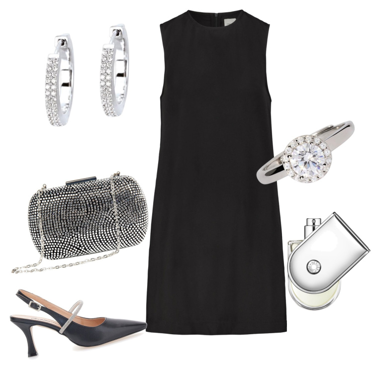 Outfit donna - Cena scintillante. Stile Glamour per Serata fuori. Abbinamento con profumi, anelli, orecchini, clutch, vestiti a tubino, décolleté.