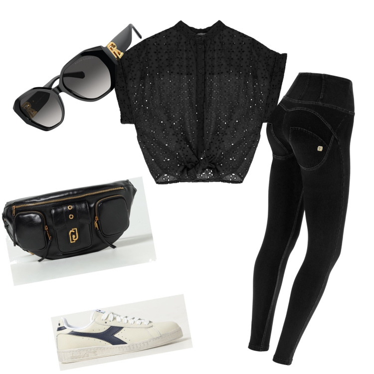 Outfit donna - Leggings e top. Stile Casual chic per Tutti i giorni. Abbinamento con jeggings, bluse, occhiali da sole, sneakers, marsupi.