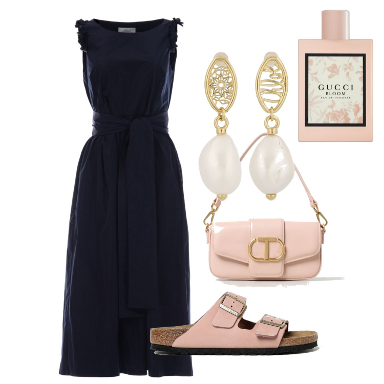 Outfit donna - Ghost outfitter - giugno. Stile Chic per Serata fuori. Abbinamento con profumi, sandali in pelle, orecchini, vestiti, borse a spalla.