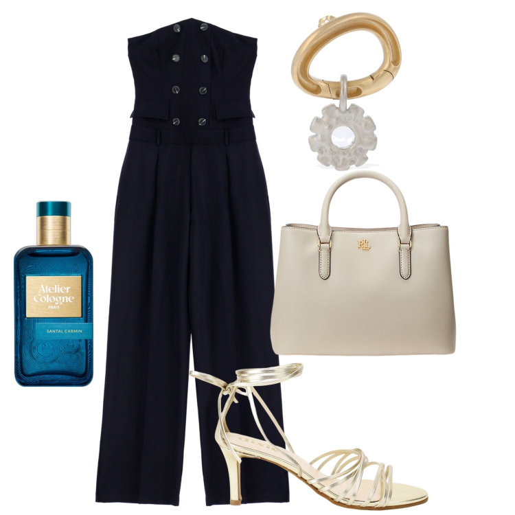 Outfit donna - Ghost outfitter - giugno. Stile Chic per Tutti i giorni. Abbinamento con profumi, tute, sandali col tacco, borse a mano, orecchini.
