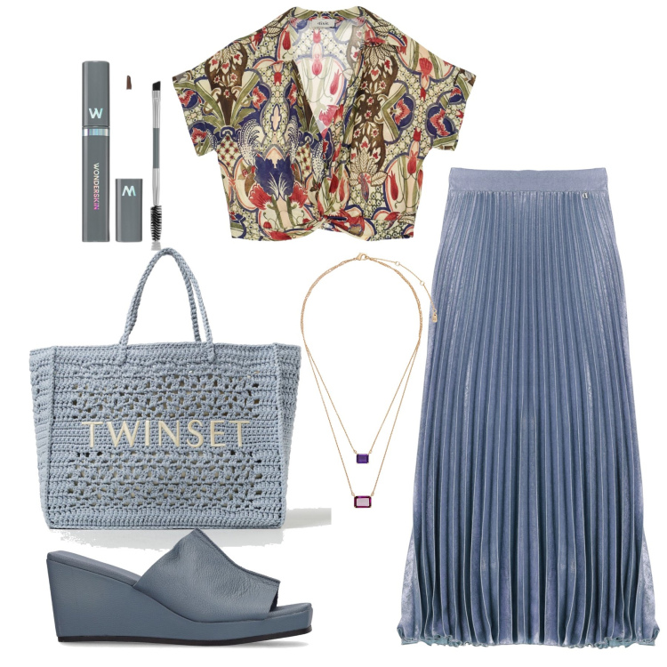 Outfit donna - Ghost outfitter - giugno. Stile Trendy per Tutti i giorni. Abbinamento con mascara, gonne lunghe, canottiere, collane, sandali in pelle, borse tote.