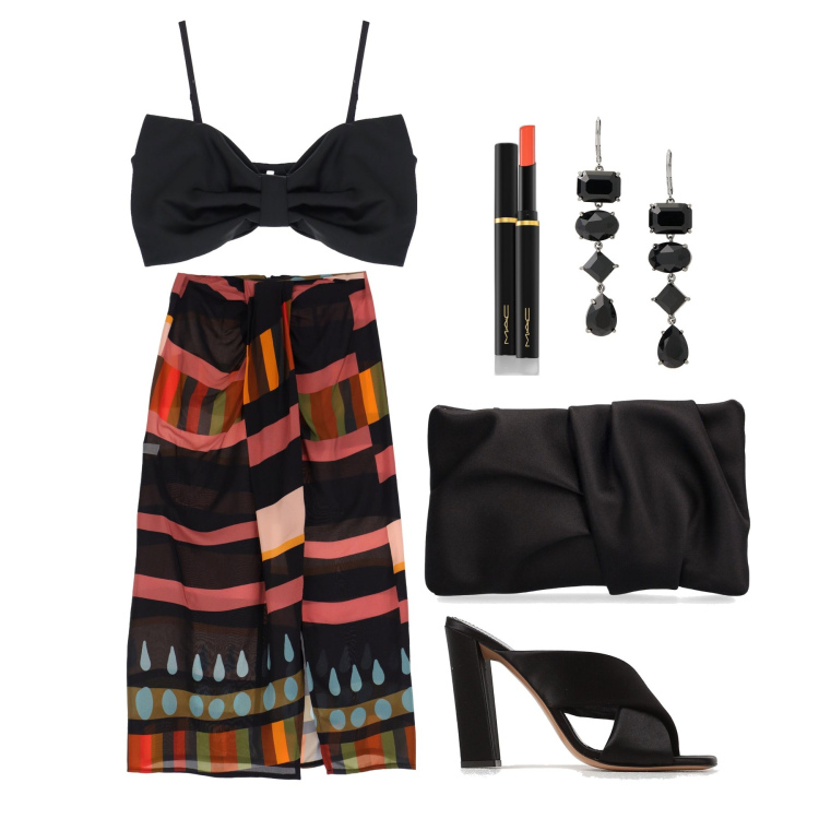 Outfit donna - Ghost outfitter - giugno. Stile Trendy per Serata fuori. Abbinamento con rossetti, top, orecchini, gonne lunghe, pochette, sandali in pelle.