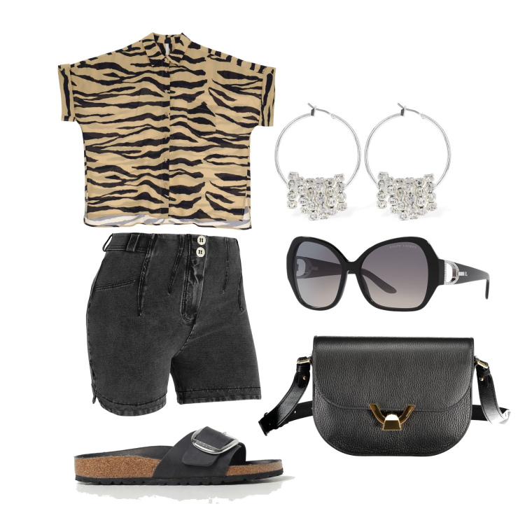 Outfit donna - Ghost outfitter - giugno. Stile Trendy per Tutti i giorni. Abbinamento con camicie, shorts, occhiali da sole, sandali, borse a tracolla, orecchini.