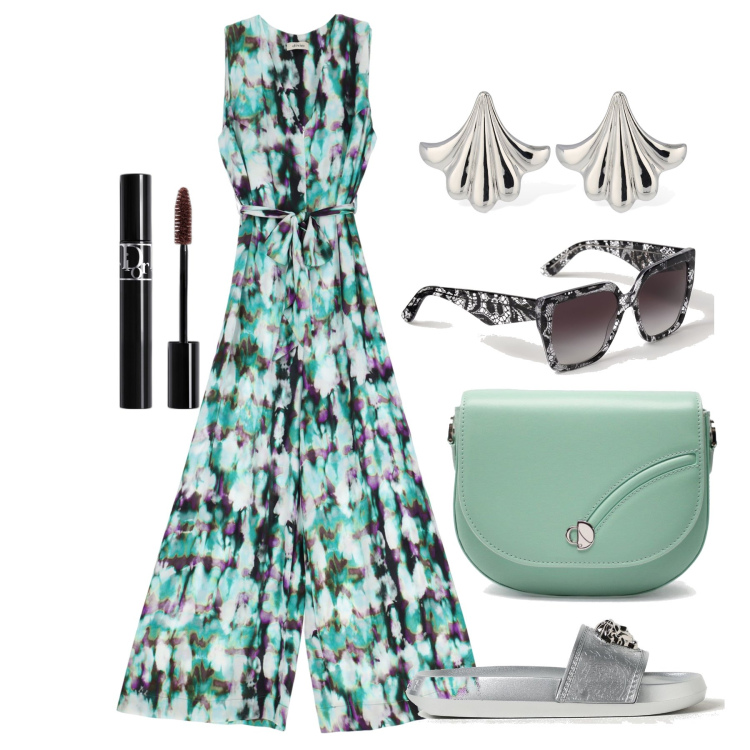 Outfit donna - Ghost oitfitter - giugno. Stile Glamour per Tutti i giorni. Abbinamento con mascara, tute, ciabatte, borse a tracolla, orecchini, occhiali da sole.
