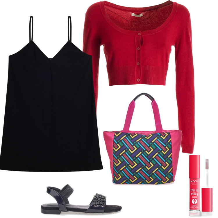 Outfit donna - Copri spalle e ok. Stile Basic per Tutti i giorni. Abbinamento con gloss, cardigans, vestiti corti, sandali in pelle, borse a spalla.