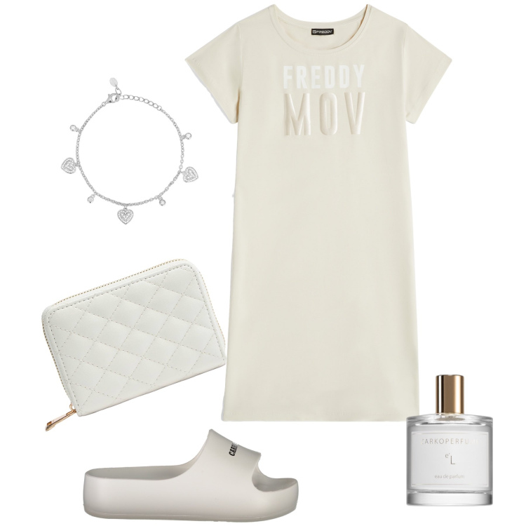 Outfit donna - In white at home. Stile Basic per Tutti i giorni. Abbinamento con profumi, portafogli, braccialetti, vestiti corti, ciabatte.