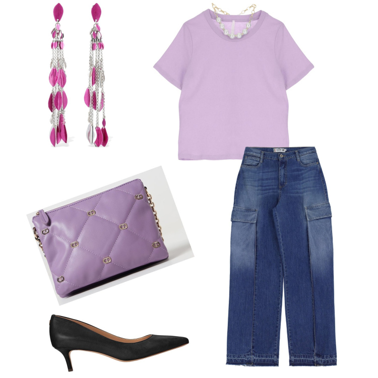 Outfit donna - Cargo bon ton. Stile Bon Ton per Serata fuori. Abbinamento con jeans dritti, t-shirt, décolleté, borse a tracolla, orecchini.