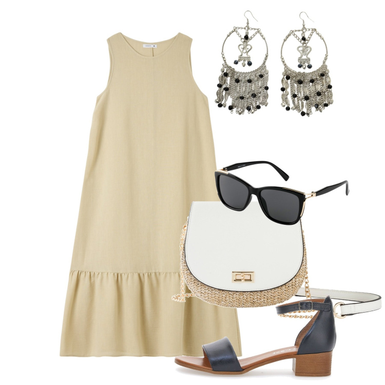 Outfit donna - Ghost outfitter - giugno. Stile Bon Ton per Ufficio. Abbinamento con borse a tracolla, occhiali da sole, vestiti lunghi, orecchini, sandali in pelle.