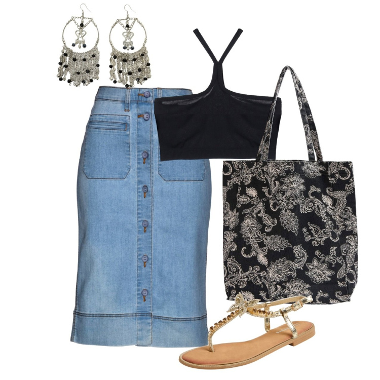 Outfit donna - Pomeriggio. Stile Casual chic per Tutti i giorni. Abbinamento con gonne, sandali gioiello, shopping bag, top, orecchini.