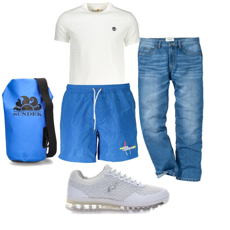 Outfit uomo - Total look #1900782. Stile Casual per Mare. Abbinamento con jeans dritti, t-shirt, borse sportive, costumi, scarpe sportive.