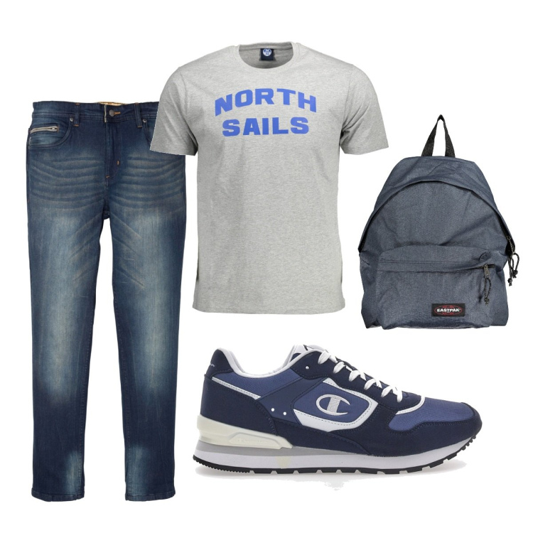 Outfit uomo - Total look #1900786. Stile Casual per Tutti i giorni. Abbinamento con jeans slim fit, borse sportive, t-shirt, scarpe sportive.