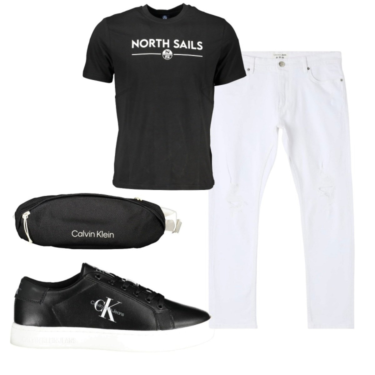 Outfit uomo - Total look #1900791. Stile Trendy per Tutti i giorni. Abbinamento con jeans strappati, t-shirt, sneakers, borse sportive.