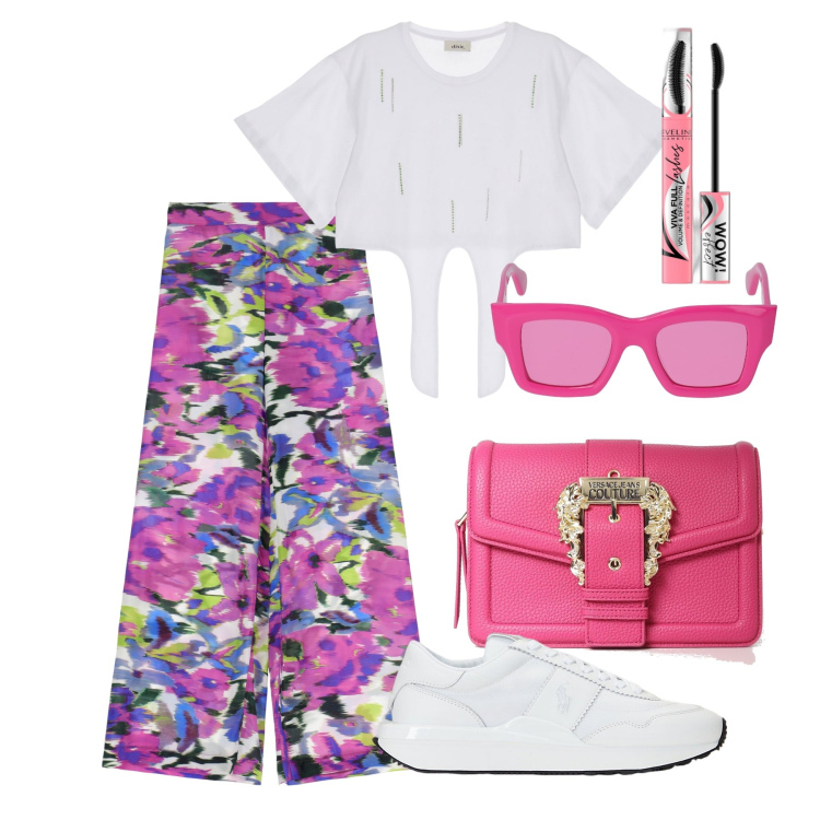 Outfit donna - Ghost outfitter - giugno. Stile Trendy per Tutti i giorni. Abbinamento con mascara, pantaloni a palazzo, t-shirt, sneakers, borse a tracolla, occhiali da sole.