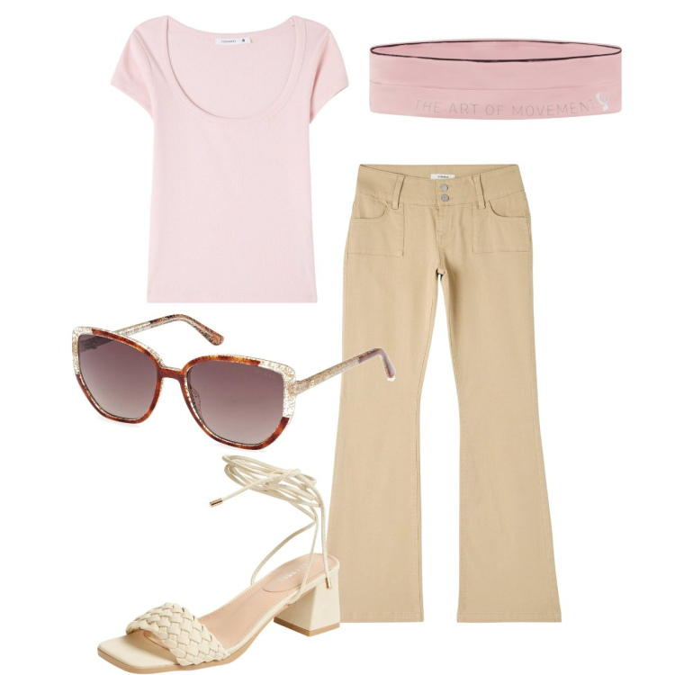 Outfit donna - Giornata libera. Stile Casual per Tutti i giorni. Abbinamento con t-shirt, pantaloni, sandali alla schiava, marsupi, occhiali da sole.