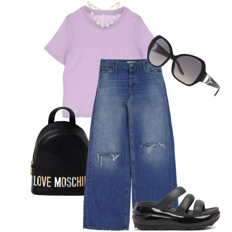 Outfit donna - Trendy con le Crocs. Stile Urban per Tutti i giorni. Abbinamento con jeans dritti, t-shirt, occhiali da sole, ciabatte, zaini.