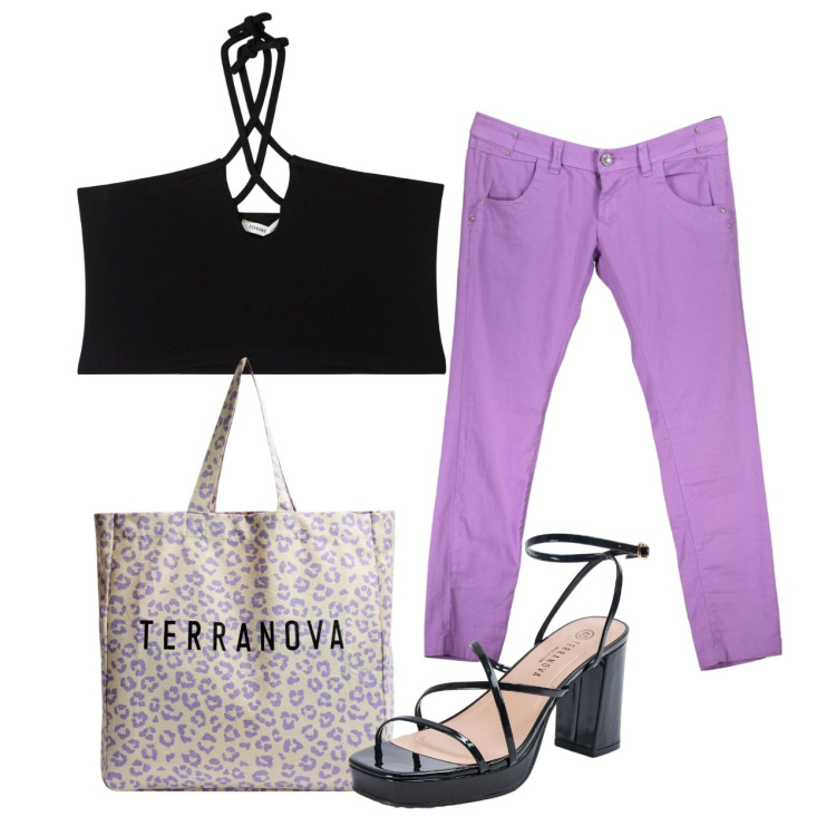 Outfit donna - Oggi. Stile Casual per Tutti i giorni. Abbinamento con top, sandali in pelle, shopping bag, pantaloni.