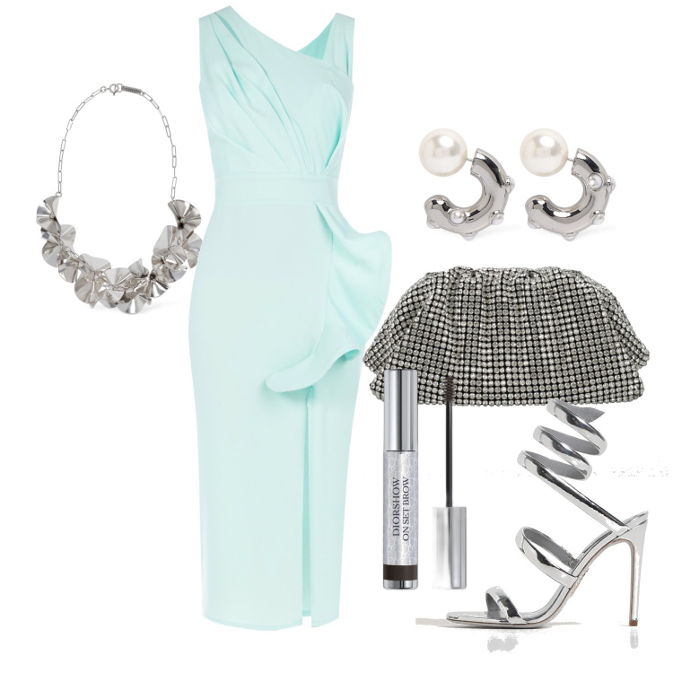 Outfit donna - Ghost outfitter - giugno. Stile Glamour per Cerimonia. Abbinamento con mascara, vestiti asimmetrici, orecchini, collane, clutch, sandali col tacco.