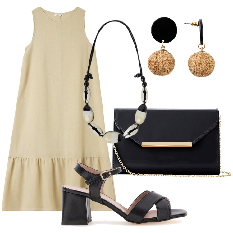 Outfit donna - Cocktail in spiaggia. Stile Casual chic per Serata fuori. Abbinamento con orecchini, pochette, vestiti lunghi, sandali col tacco, collane.