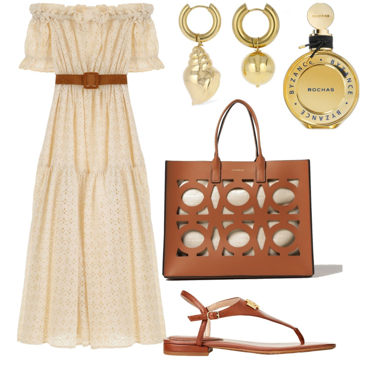 Outfit donna - Total look #1900838. Stile Boho per Tutti i giorni. Abbinamento con profumi, vestiti lunghi, sandali in pelle, orecchini, borse a mano.