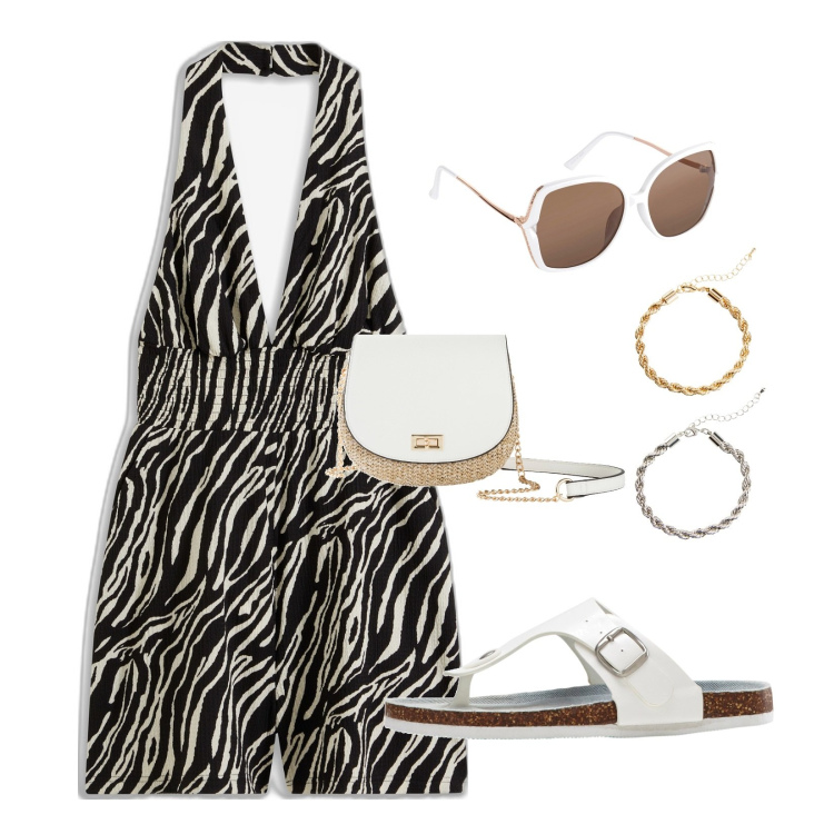 Outfit donna - Tuta zebrata trendy!!!. Stile Trendy per Tutti i giorni. Abbinamento con borse a tracolla, infradito, tute, occhiali da sole, braccialetti.