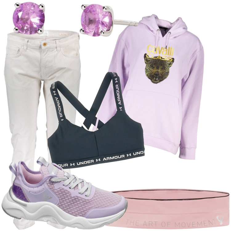 Outfit donna - Fai le valigie. Stile Casual per Tutti i giorni. Abbinamento con orecchini, marsupi, sneakers, top, felpe con cappuccio, pantaloni.