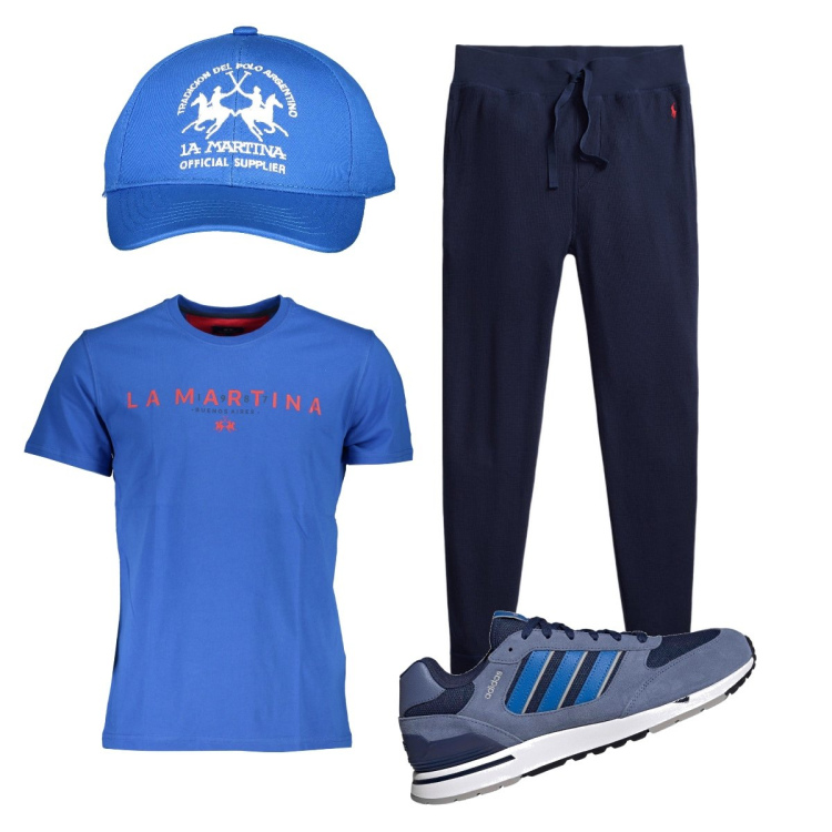Outfit uomo - Serata di corsa. Stile Casual per Sport. Abbinamento con pantaloni, sneakers, t-shirt, cappelli con visiera.